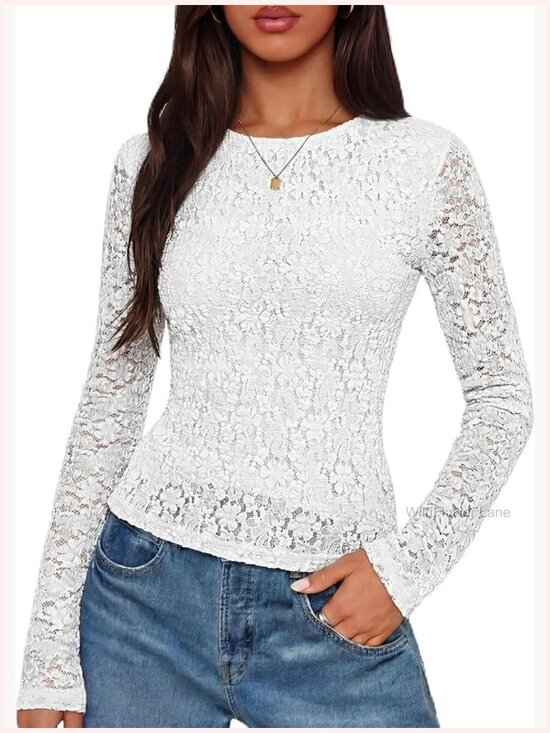 Tops - Lace Long Sleeve Mesh Tee Blouse Layering Shirt Crew Neck Slim Fit Floral Top